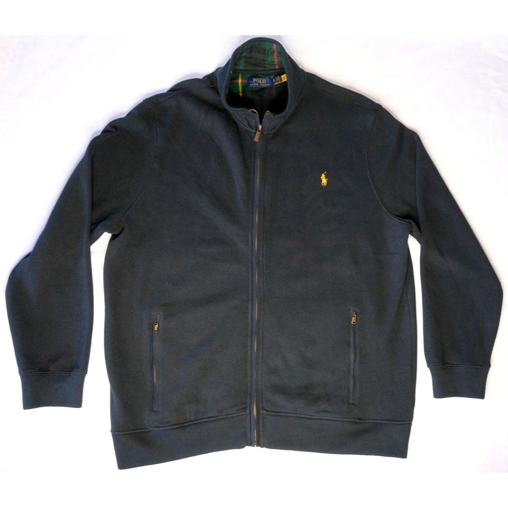 Polo Ralph Lauren Sweater Mens XL Black Full Zip Yellow Pony Mock Neck Cotton